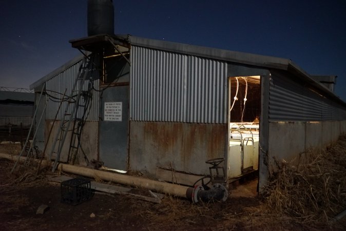 Farrowing shed outside at night