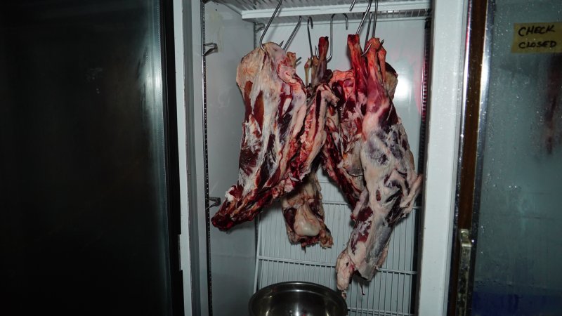 Flesh of unknown slaughtered animals hanging in fridge