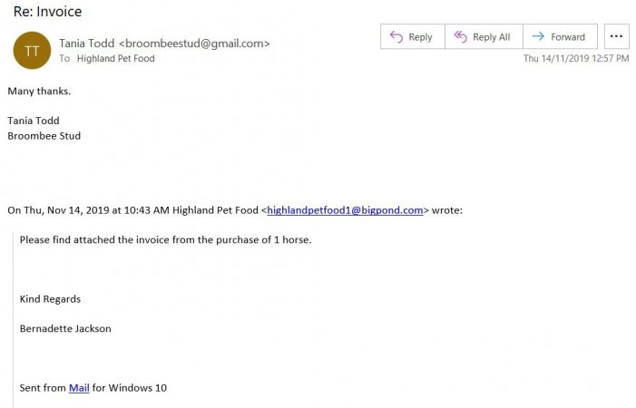 Email between Broombee Stud and Highland Knackery