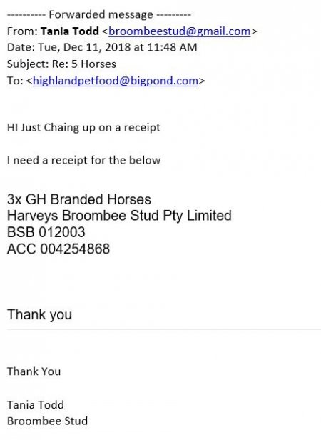 Email between Broombee Stud and Highland Knackery