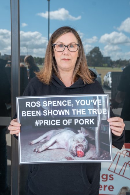 Protesters rallying outside Ros Spence MP's electorate office in Craigieburn