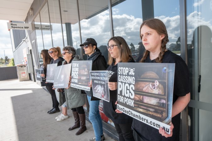 Protesters rallying outside Ros Spence MP's electorate office in Craigieburn