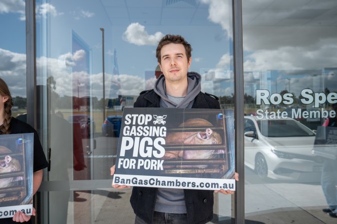 Protesters rallying outside Ros Spence MP's electorate office in Craigieburn