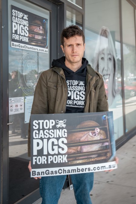 Protesters rallying outside Ros Spence MP's electorate office in Craigieburn