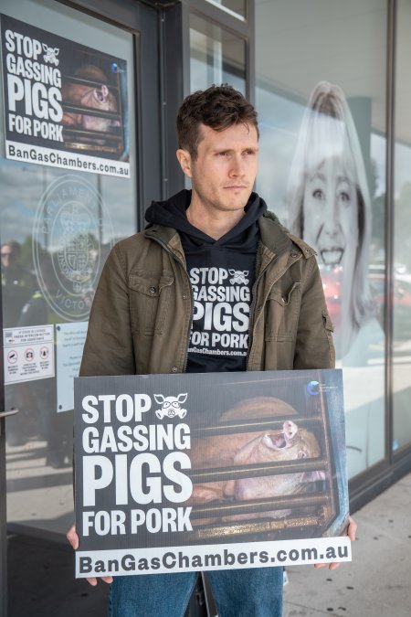 Protesters rallying outside Ros Spence MP's electorate office in Craigieburn