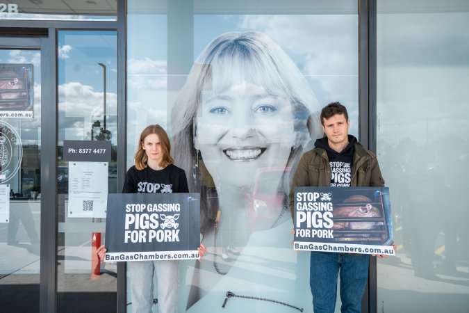 Protesters rallying outside Ros Spence MP's electorate office in Craigieburn