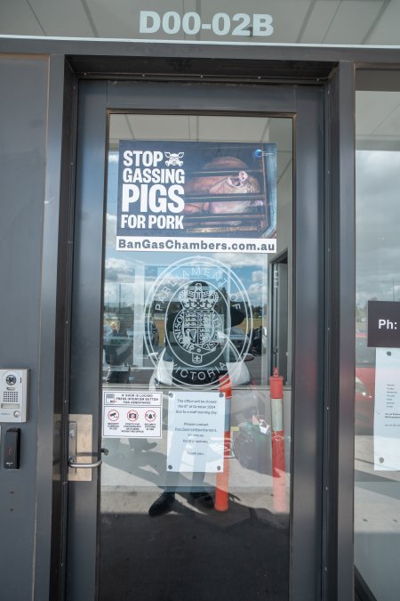 Protesters rallying outside Ros Spence MP's electorate office in Craigieburn