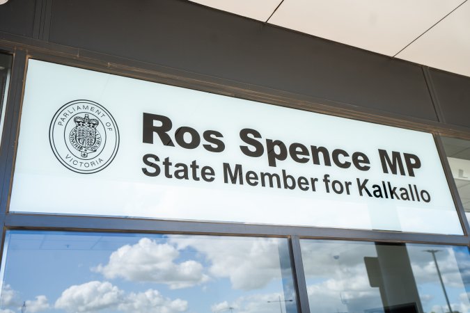 Protesters rallying outside Ros Spence MP's electorate office in Craigieburn