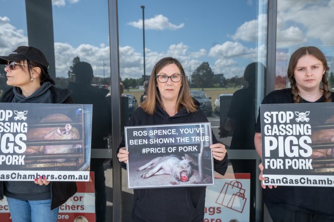 Protesters rallying outside Ros Spence MP's electorate office in Craigieburn