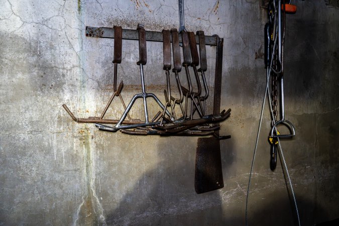 Shackles used to hoist the corpses of cows once they have been slaughtered