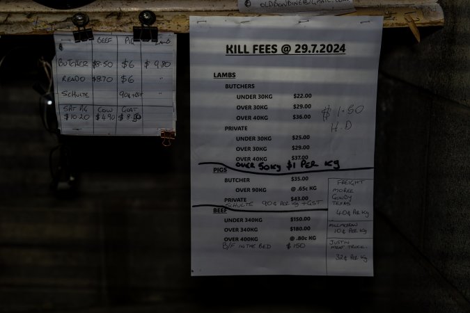 Interior of Millmerran Meats slaughterhouse office, papers show the fees the facility charges to their customers