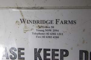 Windridge Farms label on entrance sign - Australian pig farming - Captured at Golden Grove Piggery, Young NSW Australia.