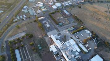 Aerial drone view of slaughterhouse - Captured at Hardwick Meatworks Abattoir, Kyneton VIC Australia.