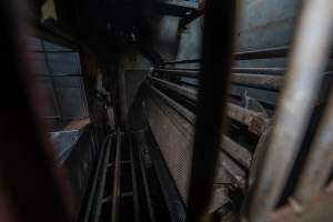 Side of gondolas in gas chamber - Looking through a small window from outside Butina combi gas chamber. - Captured at Benalla Abattoir, Benalla VIC Australia.