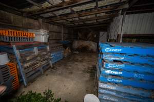 Small shed at back of rabbit/sheep slaughterhouse - Containing empty rabbit crates and an old sheep skin-spinner - Captured at Gippsland Meats, Bairnsdale VIC Australia.