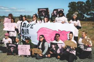 Animal activists asking for the release of Olivia (sow 8416) at Midland Bacon in Victoria - Image taken outside Midland Bacon, where a worker was filmed r*ping sow 8416 (now named Olivia) while she was trapped inside her farrowing crate. This day of action was part of the campaign to Free Olivia. - Captured at Midland Bacon, Carag Carag VIC Australia.