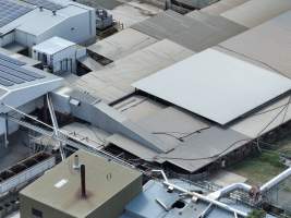 Drone flyover of slaughterhouse - Sheep in holding pens - Captured at MD Foods Australia, Echuca VIC Australia.