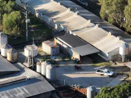 Drone flyover - Aerial view of piggry - Captured at Markanda Piggery, Wyuna East VIC Australia.