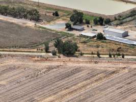 Drone flyover - Aerial view of piggery - Captured at Girgarre Piggery, Girgarre VIC Australia.