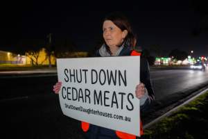 Animal rights activists at the Cedar Meats Vigil on 30 July 2025 - Captured at Cedar Meats, Brooklyn VIC Australia.